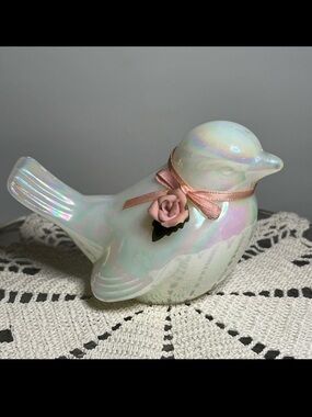 Fenton Iridescent Bird Figure, Vintage Luster Ware Bird with Rose ribbon